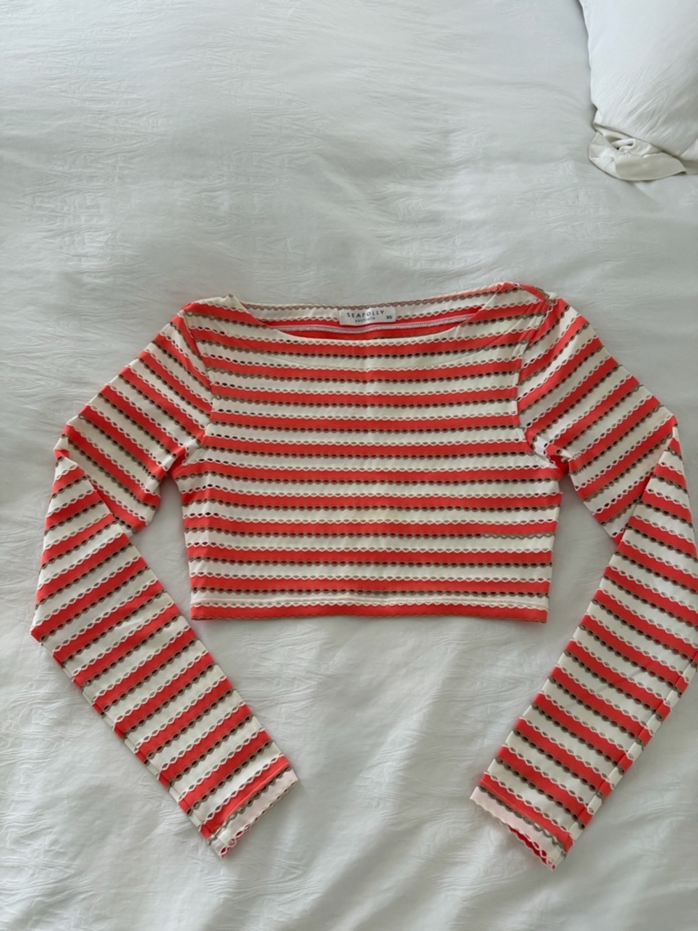 Seafolly Coral and Cream Striped Cropped Top